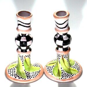 Hand-Painted Ceramic Candlestick Holders Pair With Unique Design
